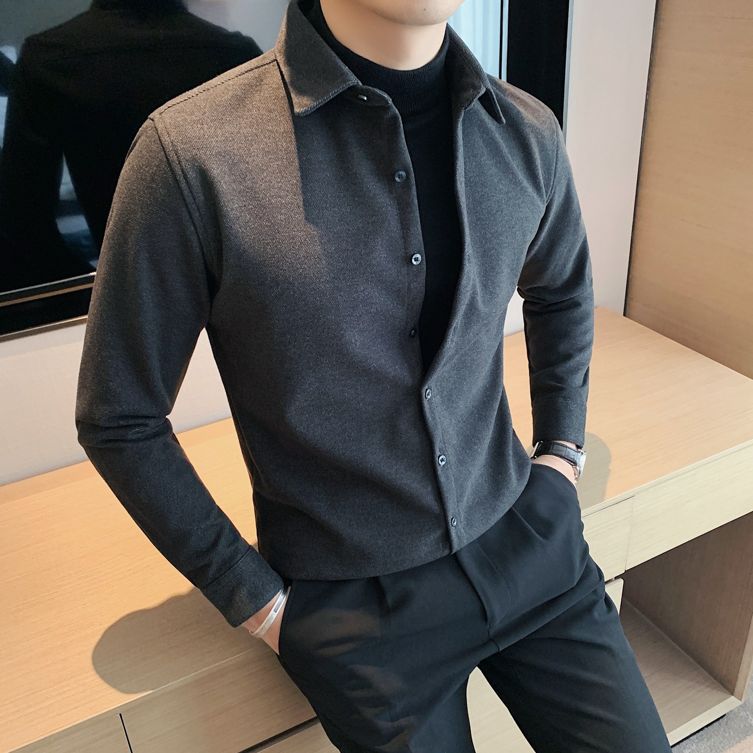 男士衬衫羊毛呢子羊绒外套商务上衣加厚保暖寸秋冬季长袖休闲衬衣