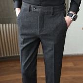 西裤 男裤 冬款 毛料小脚商务人字纹男士 子高端加厚款 羊毛呢子秋冬季