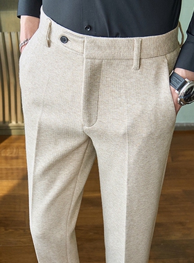 男裤子羊毛呢子秋冬季冬款加厚毛料杏色修身磨毛高端休闲男士西裤