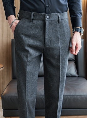 男裤子高端加厚款羊毛呢子秋冬季冬款商务西装细条纹休闲男士西裤