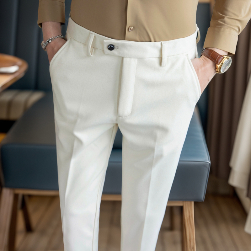 男裤子羊毛呢子高端加厚秋冬季冬款毛料米色白色小脚休闲男士西裤