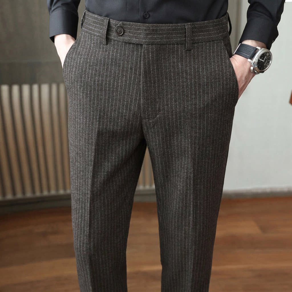 毛呢男裤子羊毛秋冬季冬款加厚条纹商务高端西装小脚休闲男士西裤