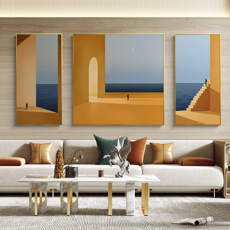 三小姐客厅三联组合装饰画现在轻奢挂画沙发背景墙大气超大幅壁画