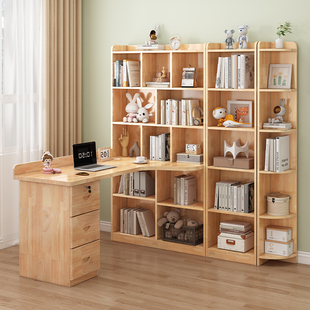 实橡木书桌书架一体转角电脑桌家用写字桌书柜组合卧室学生学习桌