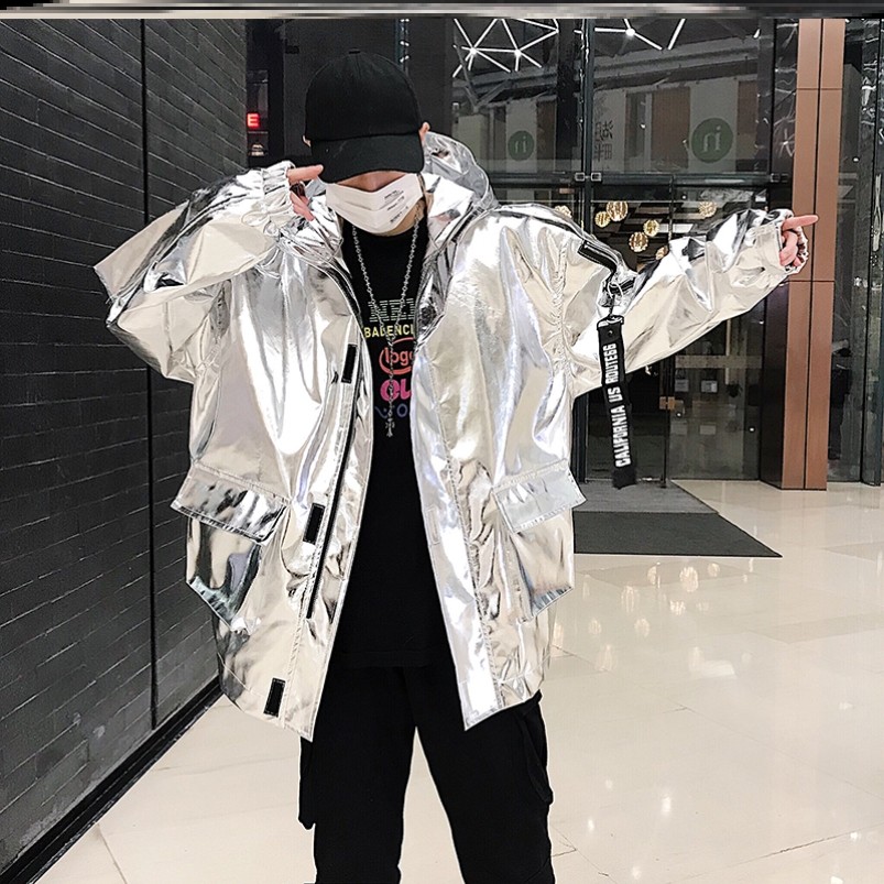 ifashion亮面PU皮夹克男士个性潮牌连帽嘻哈hiphop舞台演出服装