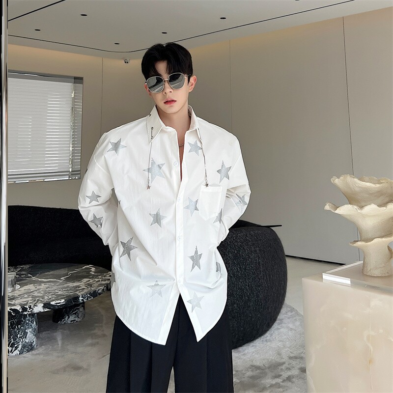 小众满天星印花链条衬衫男长袖设计感韩版网红小心机高级感衬衣潮