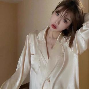 套装 韩系高级感纯欲冰丝睡衣女春秋款 家居服大码 缎面开衫 外穿 长裤