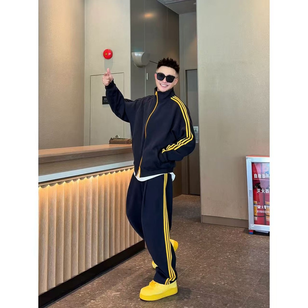 YULE语乐90251/2556美式撞色三条杠运动卫衣套装休闲立领外套裤子