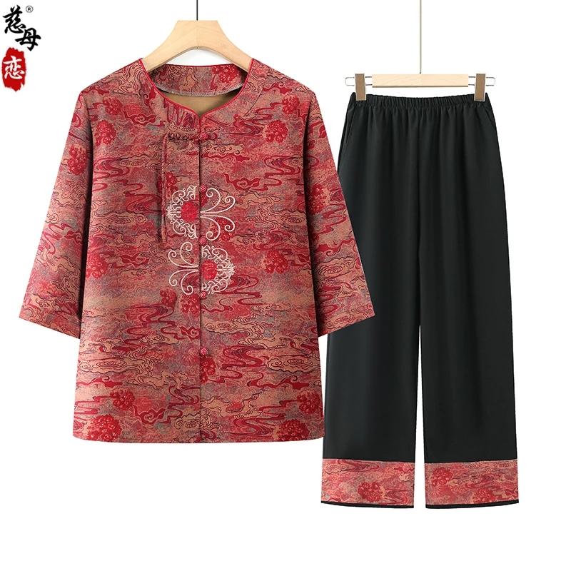 慈母戀奶奶裝套裝2025夏季新款兩件套老年人衣服七分袖上衣媽媽裝