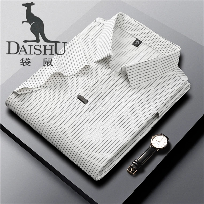 袋鼠Dai shu乾乾服装夏季薄款Polo衫V领商务休闲条纹修身t恤半袖