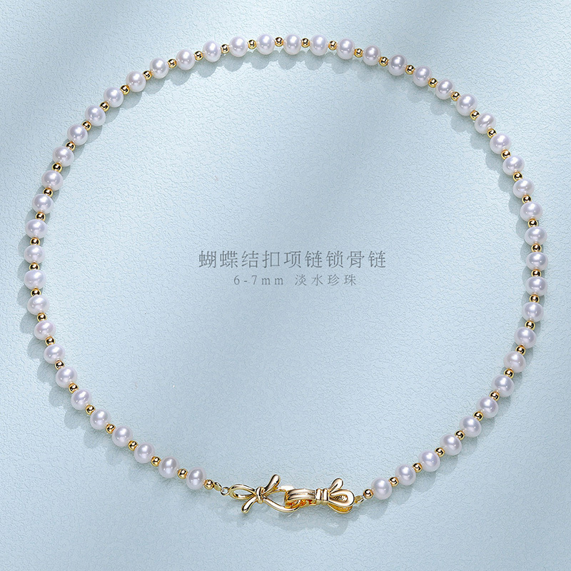 佰色传情淡水珍珠蝴蝶结扣项链