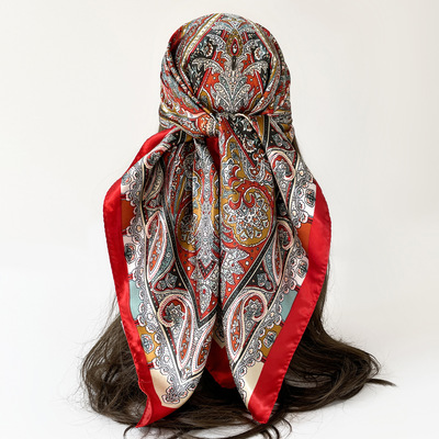 欧美外贸包头巾女90cm佩斯利印花方巾法式丝巾围巾披肩scarf lady