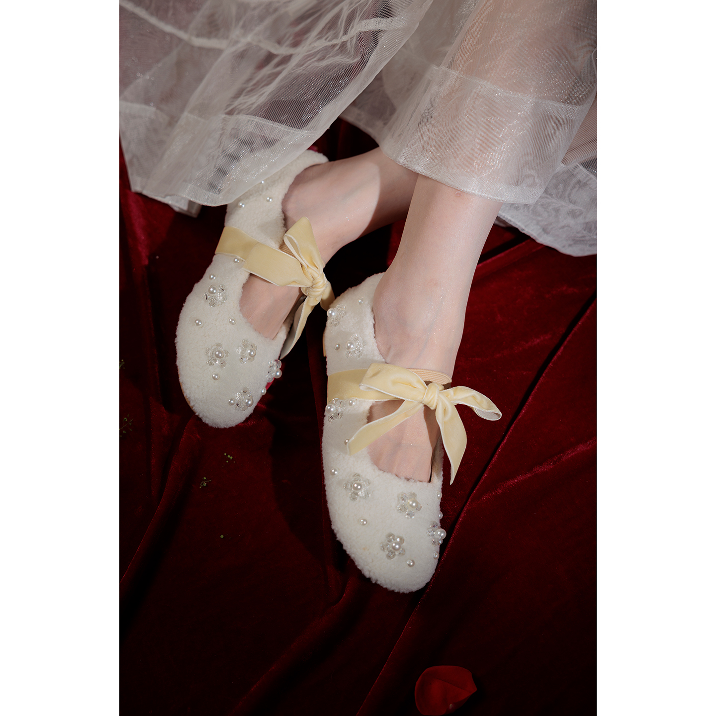 仙女风圆头珍珠水晶花平底蝴蝶结