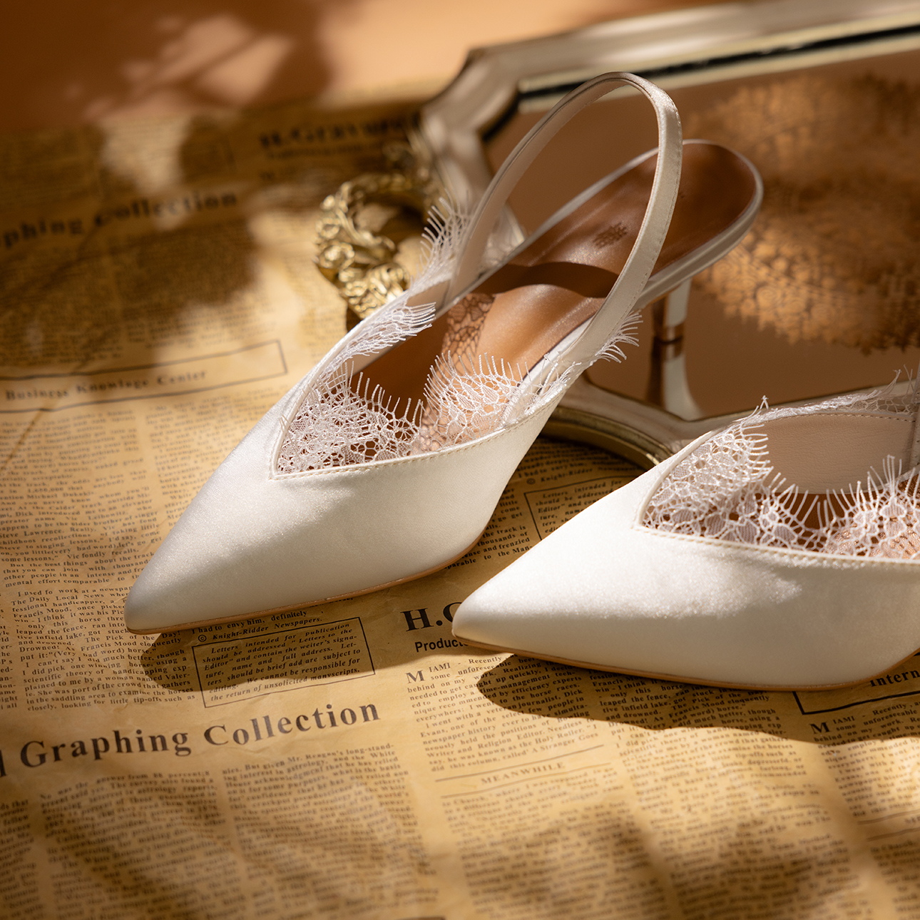 蕾丝法式细跟高跟尖头单鞋前包