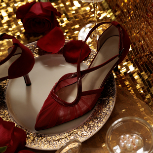 【椿】花样年华2/复古网纱褶皱交叉带尖头细跟高跟鞋旗袍鞋红婚鞋