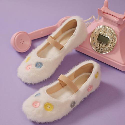 椿平底毛毛鞋多巴胺纽扣原创加绒