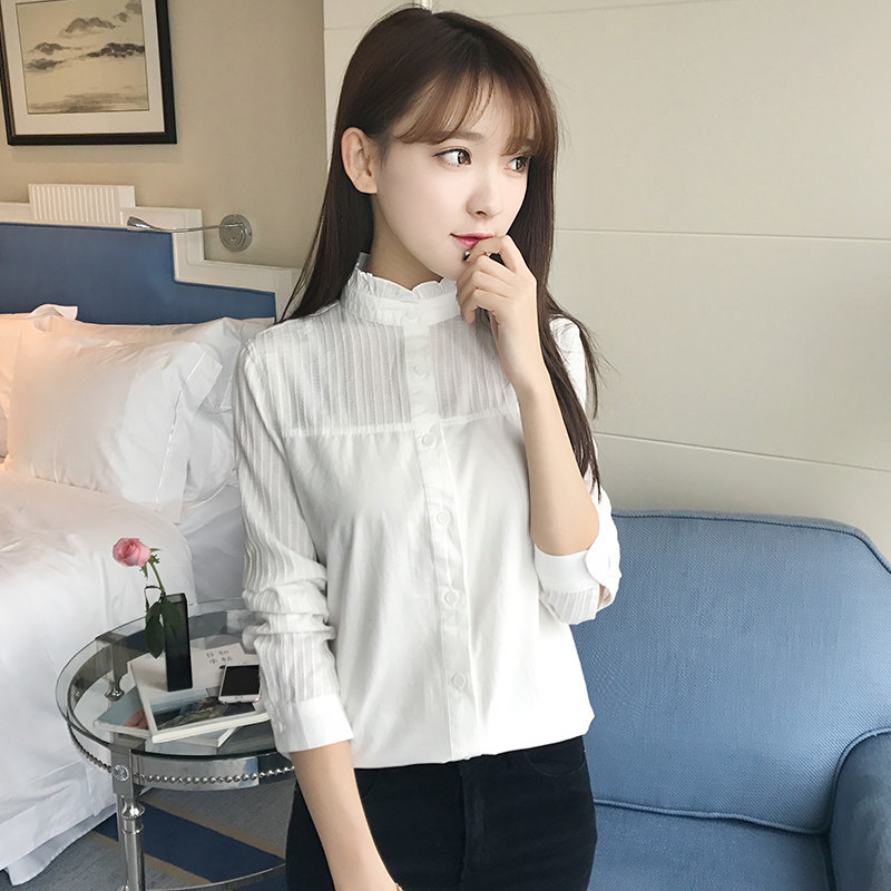 春秋款韩版文艺清新花边立领拼接纯棉白色衬衫女学生百搭打底衬衣