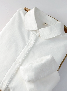 秋冬文艺清新加绒加厚纯棉白衬衫女学生职业百搭保暖修身打底衬衣