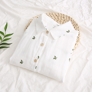 女衬衣 衬衫 2019春秋新款 日系小清新文艺树叶印花双层棉纱白色长袖