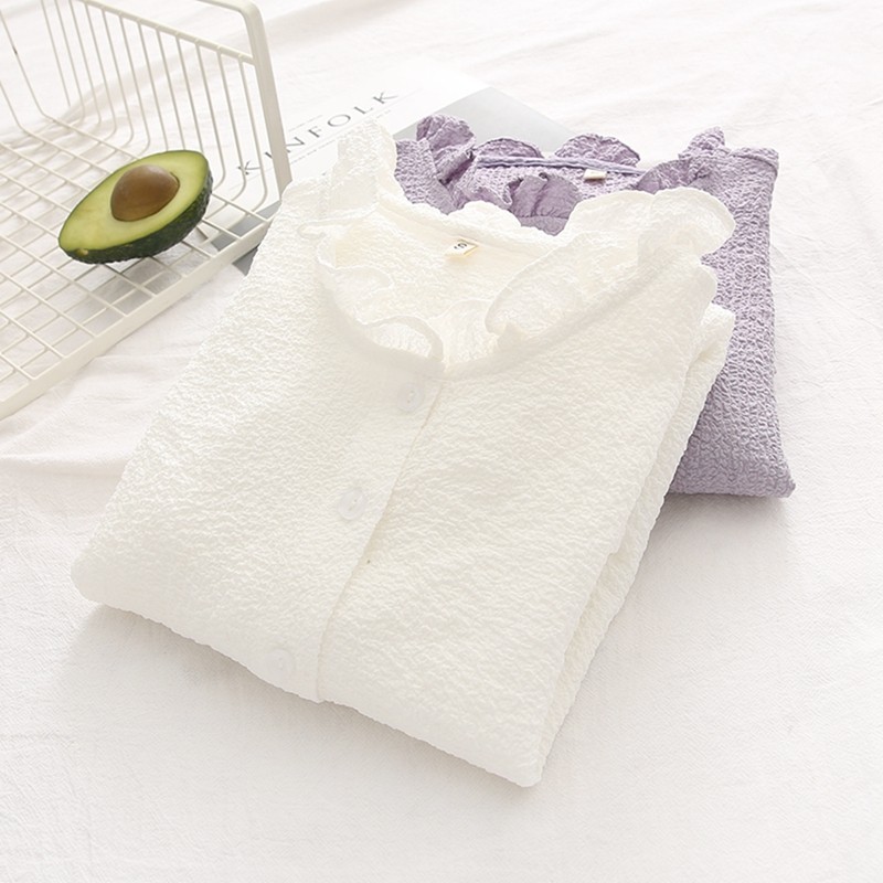 韩版甜美日系泡泡棉花边立领白色长袖衬衫女学院风春秋季气质衬衣