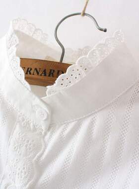 韩版文艺蕾丝花边镂空条纹立领白衬衫女宽松纯棉清新百搭打底衬衣