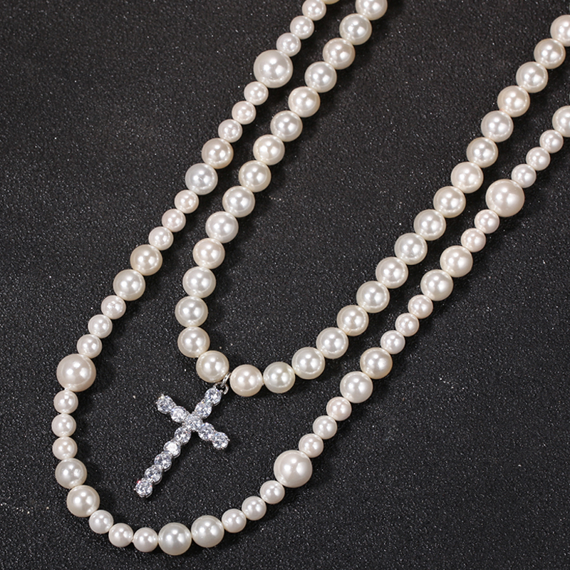 珍珠项链双层十字架混搭潮男天然