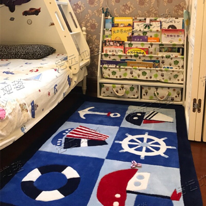蓝色地中海卡通儿童卧室床边男孩房幼儿园阅读区地毯手工地毯定制