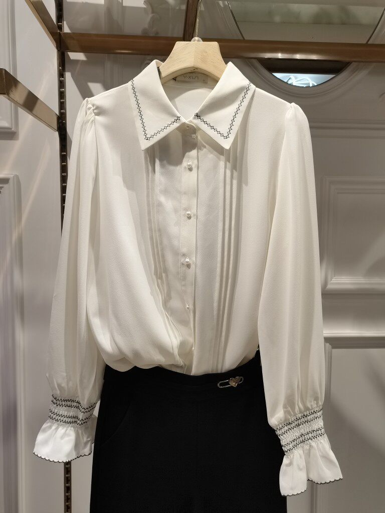 依熏冬季新款女白色衬衫女白内搭衫女打底雪纺时尚通勤OL显瘦减龄