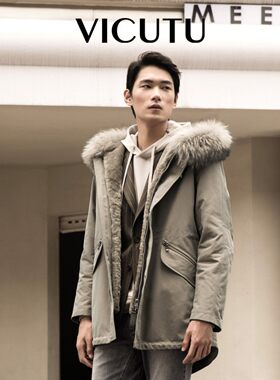 VICUTU连帽加厚男派克服冬季