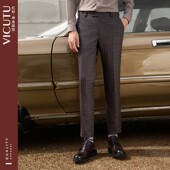 威可多西裤 男纯羊毛时尚 棕色格纹修身 VICUTU 直筒百搭裤 子