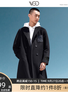 VGO黑色羊毛呢外套男士中长款双排扣90%羊毛混纺双面呢大衣男