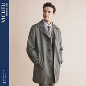 纯羊毛大衣商务休闲翻领外套男 风衣中长款 VICUTU 威可多男士