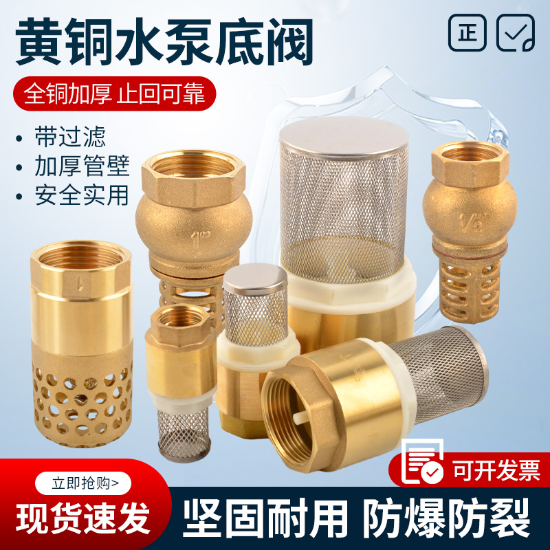 不锈钢网全铜底阀吸水泵弹簧立式4分6分1寸DN15带过滤网逆止回阀