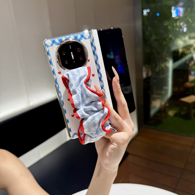 爱心适用华为matex5手机壳折叠屏电镀新款x6典藏版x3高端皮纹潮女款带山茶花支架X5外壳mateX6保护套中轴全包