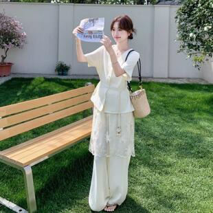 米白色式气质高级感腿套法装垂女2b211-20夏蕾丝拼接短袖感阔裤两