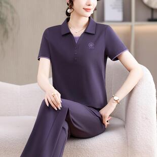 夏季新款女装短尚袖衫长裤两件中套年妈妈装时服运1041171动套装