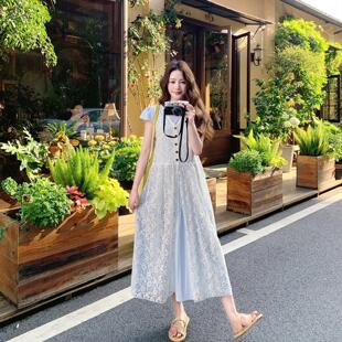 浅蓝式温柔风连衣套装女新款领蕾丝D079-90罩衫裙两件法套色裙夏