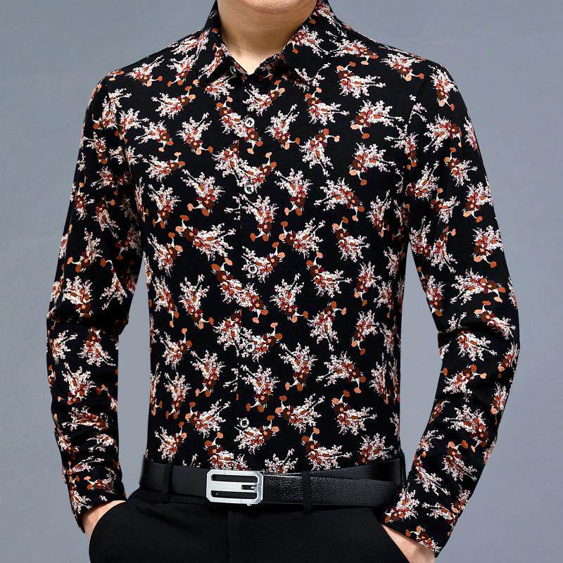 春秋新中款商务男式士花衬衫长袖休闲年男光丝棉338-LL印花时尚衬