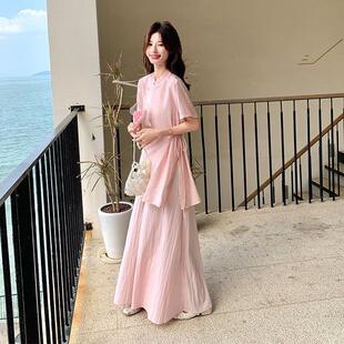 色中式减龄新超好看套装裙女夏衣季盘扣短袖上半身裙C007-00两件