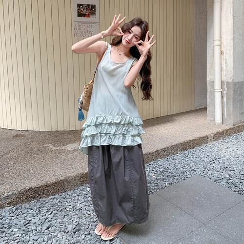 背韩系休时尚松弛感领套闲装女季新款木耳边圆心半身裙两D120-TZ1