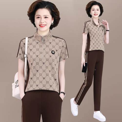 中年妈夏装丝短袖恤花色上衣中老女年运77731471动妈服套冰装夏季
