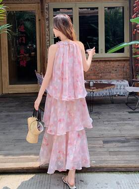 法浪ZDONG272漫花艺术风连衣式裙款新夏日绝美氛围感碎花吊园带蛋