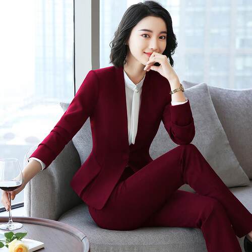 职镜业西装套装女尚播音西艺考服装上正装5897主持人气质红色服外
