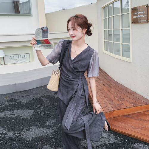 晕裤染色气质高级感套绑装女夏季领交叉带上衣阔腿两C079-269灰件
