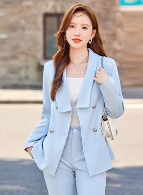 浅蓝色西装外AL8429件套女级感春秋新职业款装主高持人通勤正装两
