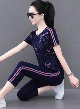 女士运89902791动套装夏中年妈款妈薄冰短袖跑步季休闲七分裤两件