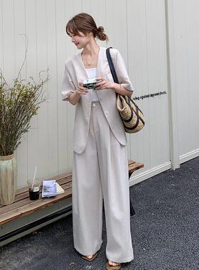 浅米色轻熟短袖服套装女c182-T82夏季韩风系高级感休闲阔腿两件裤