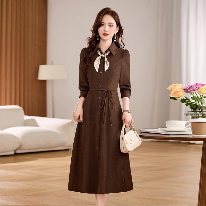年季系新款长袖带收腰衬单衫式连衣裙排扣港风复古长ZZI578R春裙