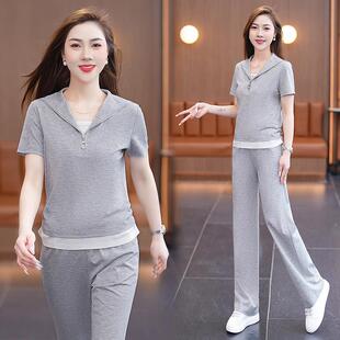 牌休闲运动套装女款春夏季新时尚韩版步大码品圆领跑服两9056565
