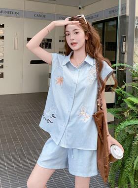系绣蓝色刺无袖衬衫套装女夏季新款气质韩减龄件2B225-26时尚短裤